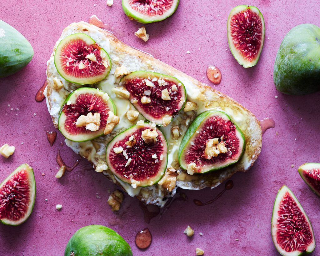 Bread with figs, cheese and honey - food and product photography